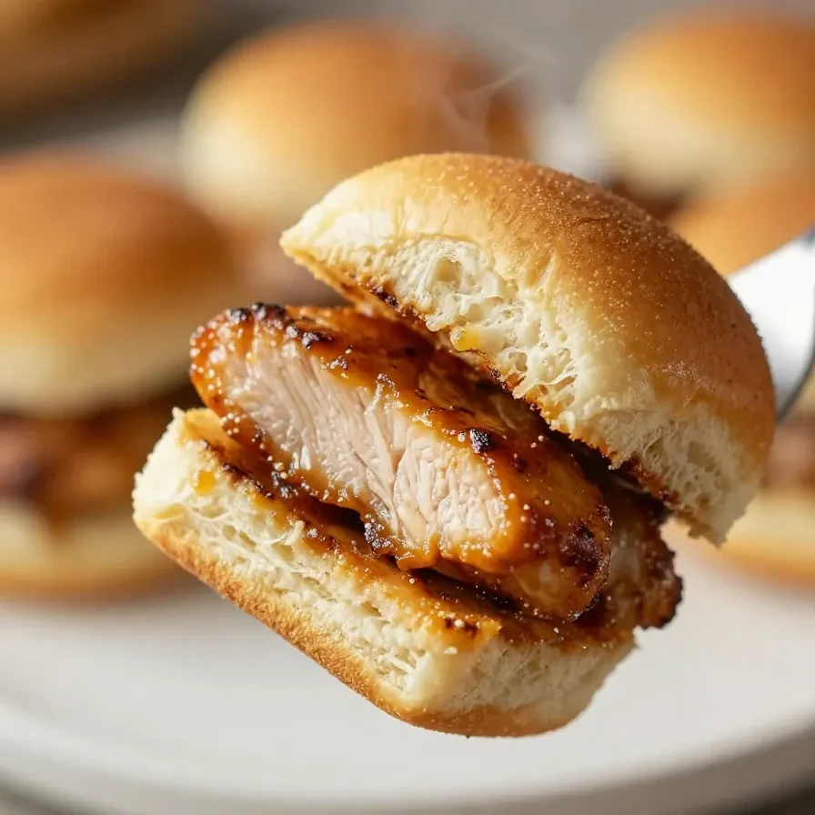 Mini chicken sliders topped with a glossy honey chipotle garlic glaze, served on toasted buns with fresh lettuce and tomato.