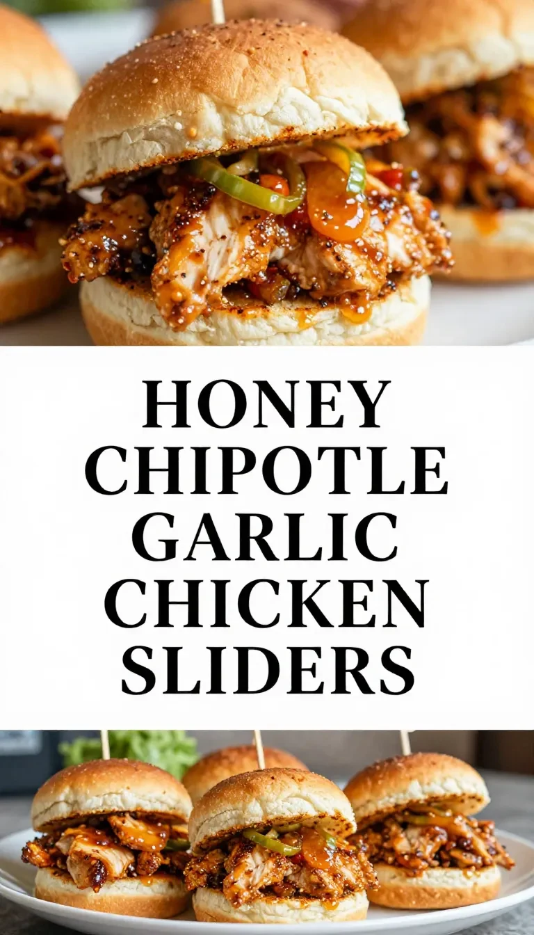 Mini chicken sliders topped with a glossy honey chipotle garlic glaze, served on toasted buns with fresh lettuce and tomato.