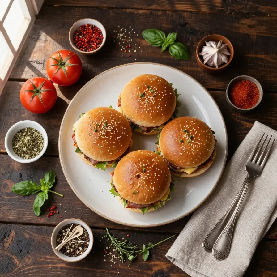 Three mini Big Mac sliders arranged on a wooden board, showing their layered beef patties, lettuce, cheese, pickles, and sesame seed buns.