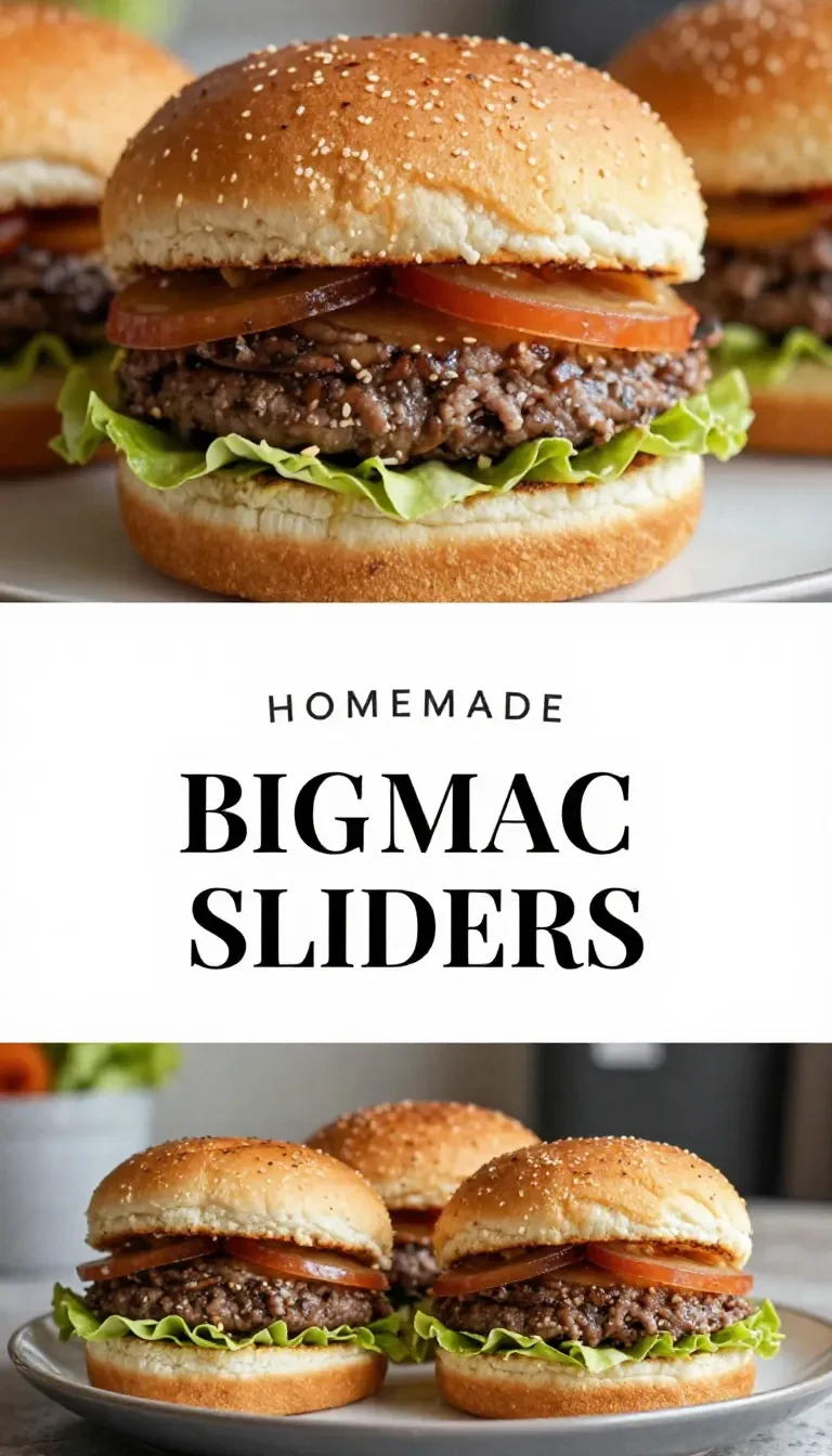 Three mini Big Mac sliders arranged on a wooden board, showing their layered beef patties, lettuce, cheese, pickles, and sesame seed buns.