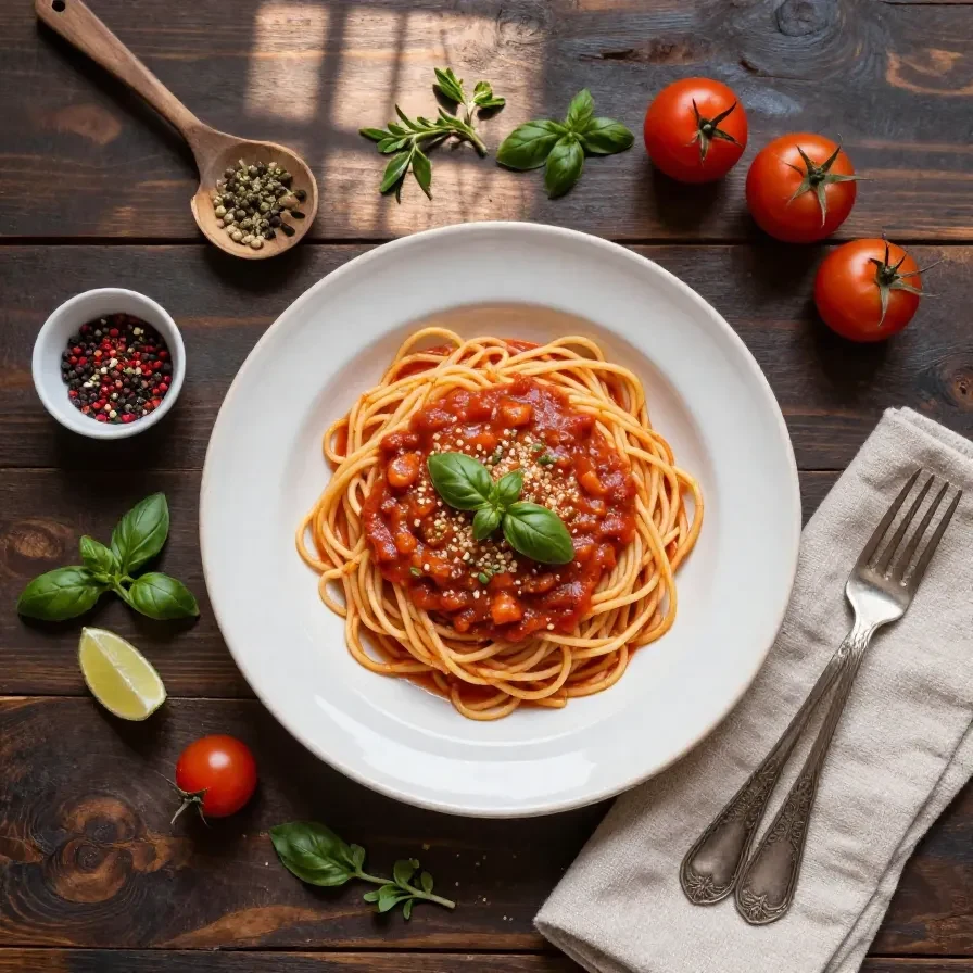 A wooden spoon stirring a pot of rich, red homemade spaghetti sauce with fresh basil leaves floating on top.