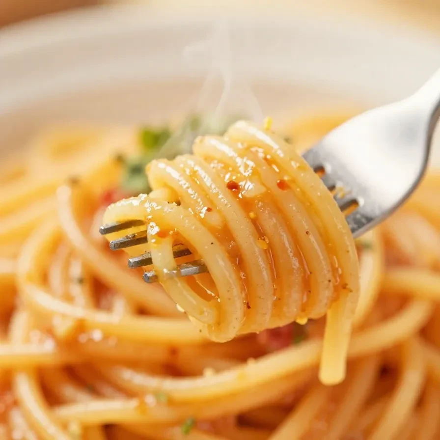 A wooden spoon stirring a pot of rich, red homemade spaghetti sauce with fresh basil leaves floating on top.