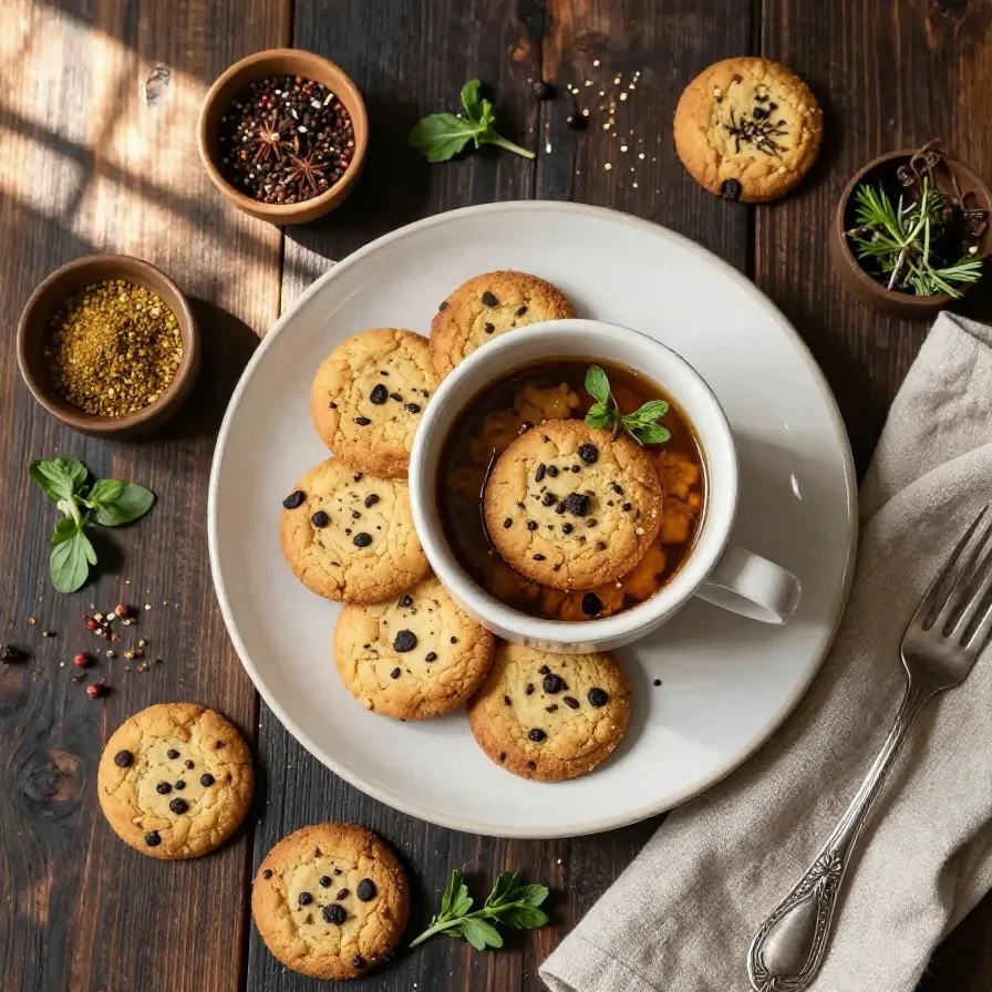 A freshly baked chocolate chip mug cookie in a white ceramic mug, topped with a scoop of vanilla ice cream and drizzled with chocolate sauce, on a wooden table.