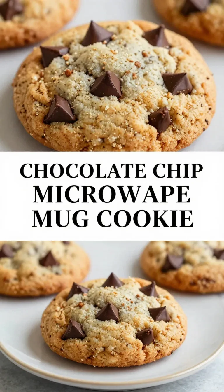 A freshly baked chocolate chip mug cookie in a white ceramic mug, topped with a scoop of vanilla ice cream and drizzled with chocolate sauce, on a wooden table.