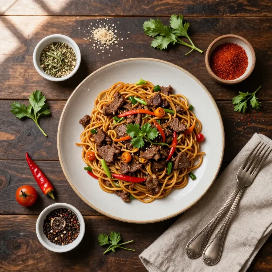 A vibrant bowl of beef stir fry with noodles, colorful bell peppers, and broccoli, garnished with sesame seeds and green onions on a dark slate plate.
