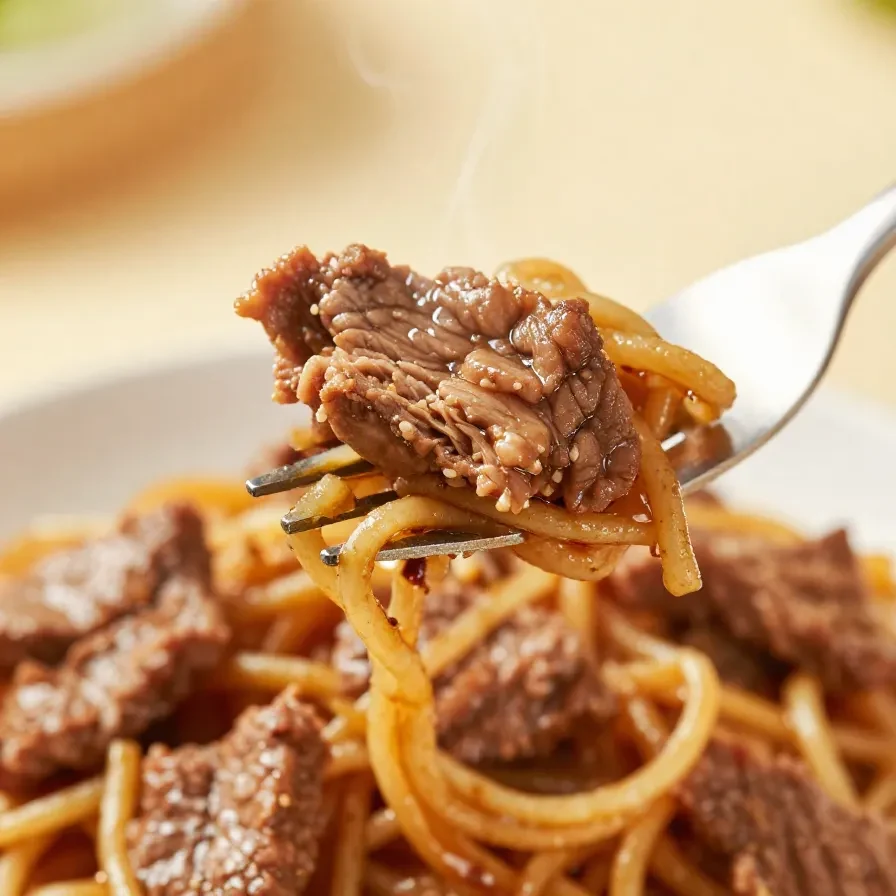 A vibrant bowl of beef stir fry with noodles, colorful bell peppers, and broccoli, garnished with sesame seeds and green onions on a dark slate plate.