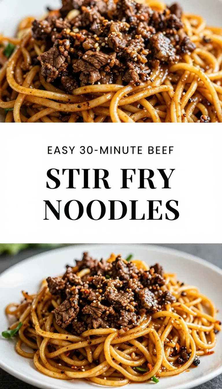 A vibrant bowl of beef stir fry with noodles, colorful bell peppers, and broccoli, garnished with sesame seeds and green onions on a dark slate plate.
