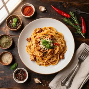 Creamy marry me chicken pasta in a skillet with sun-dried tomatoes and fresh basil, served on a white plate.
