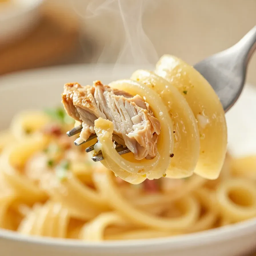 Creamy marry me chicken pasta in a skillet with sun-dried tomatoes and fresh basil, served on a white plate.