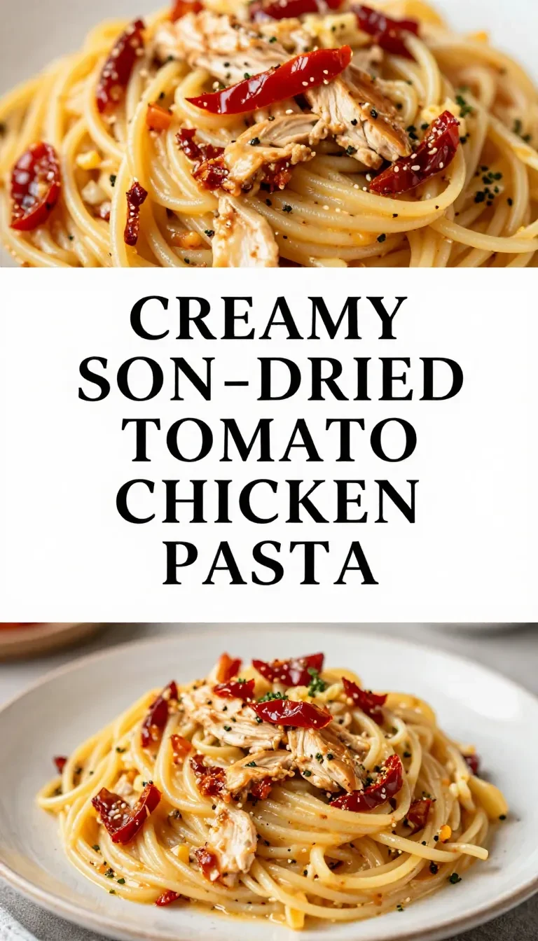 Creamy marry me chicken pasta in a skillet with sun-dried tomatoes and fresh basil, served on a white plate.