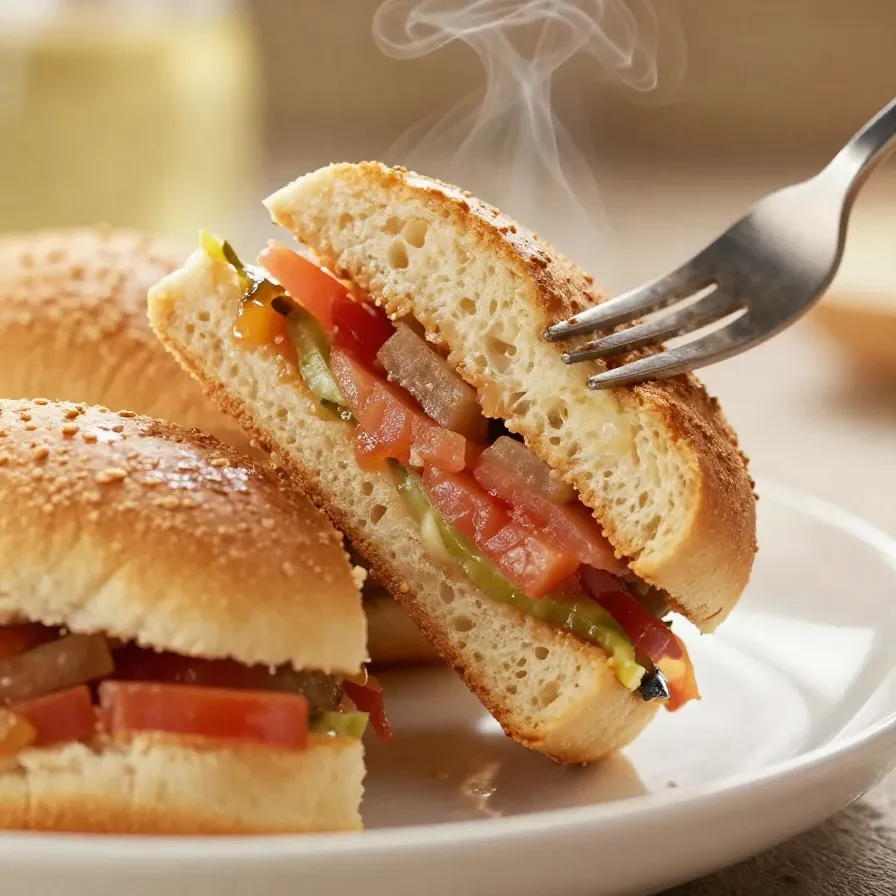 A platter of hot Italian sub sliders with melted cheese, salami, ham, and peppers on toasted buns, served on a wooden board.