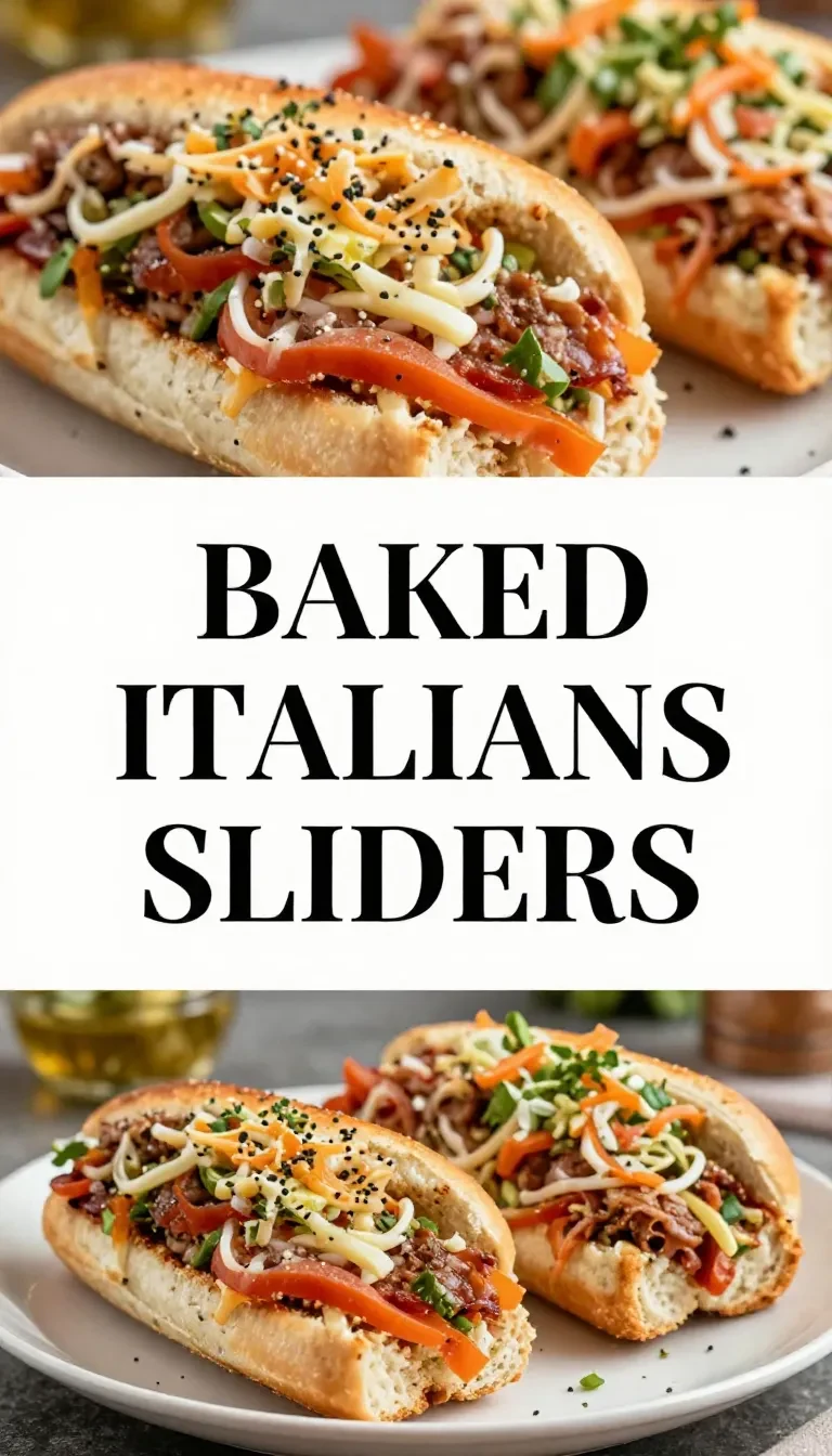 A platter of hot Italian sub sliders with melted cheese, salami, ham, and peppers on toasted buns, served on a wooden board.